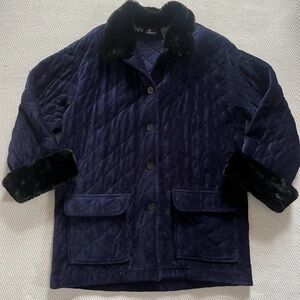 Vintage Liz Sport Navy Blue Corduroy Quilted Lined Coat Black Fur Trim Sz L